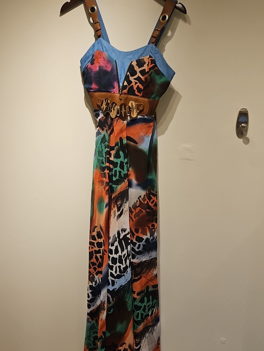 Multicolor Animal-Print Maxi Dress with Belted Waist